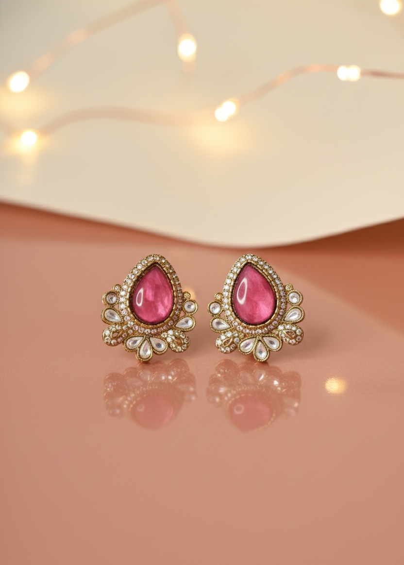 Beautiful Kundan Teardrop Rose Stone Studs