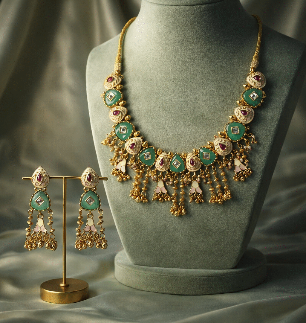 Traditional Green Kundan Necklace Set with Antique Gold Finish