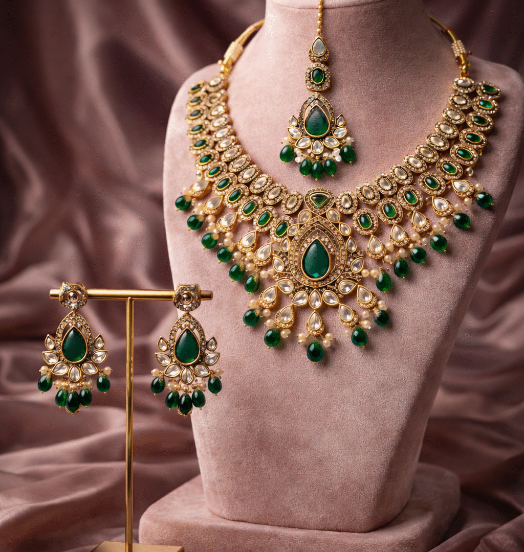 Royal Green Kundan Bridal Necklace Set with Earrings & Maang Tikka