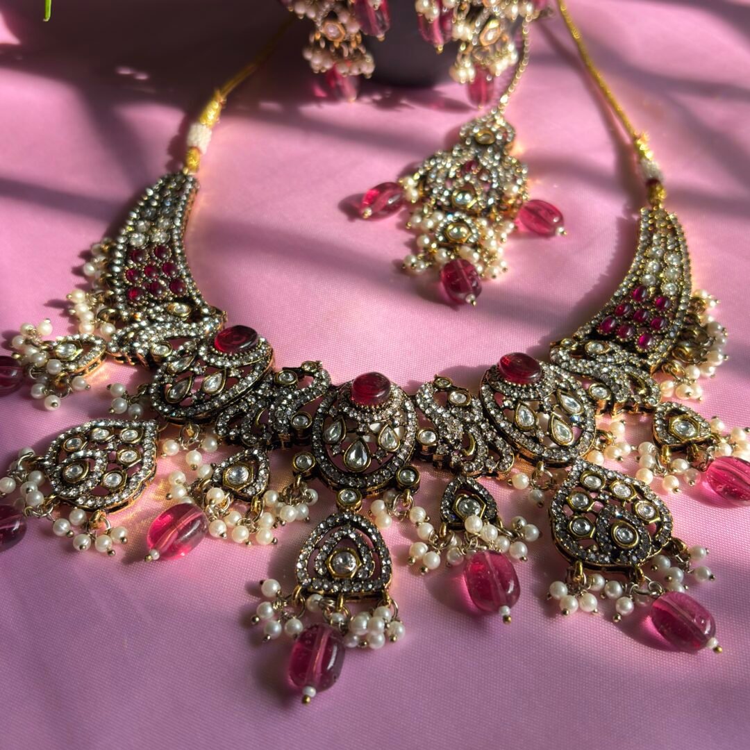 Royal Kundan Bridal Necklace Set with Pearls & Ruby Pink Beads