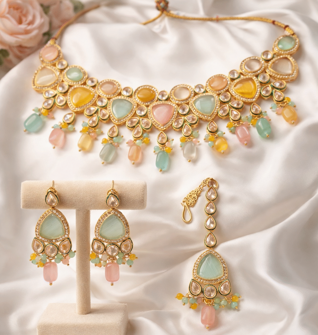 Premium Gold Plated Pastel Stone Choker Necklace Set with Matching Earrings & Maang Tikka for Women