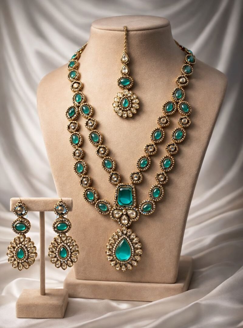 Antique Gold Plated Kundan Necklace Set with Teal Stones | Bridal & Festive Jewelry Set with Earrings & Maangtika