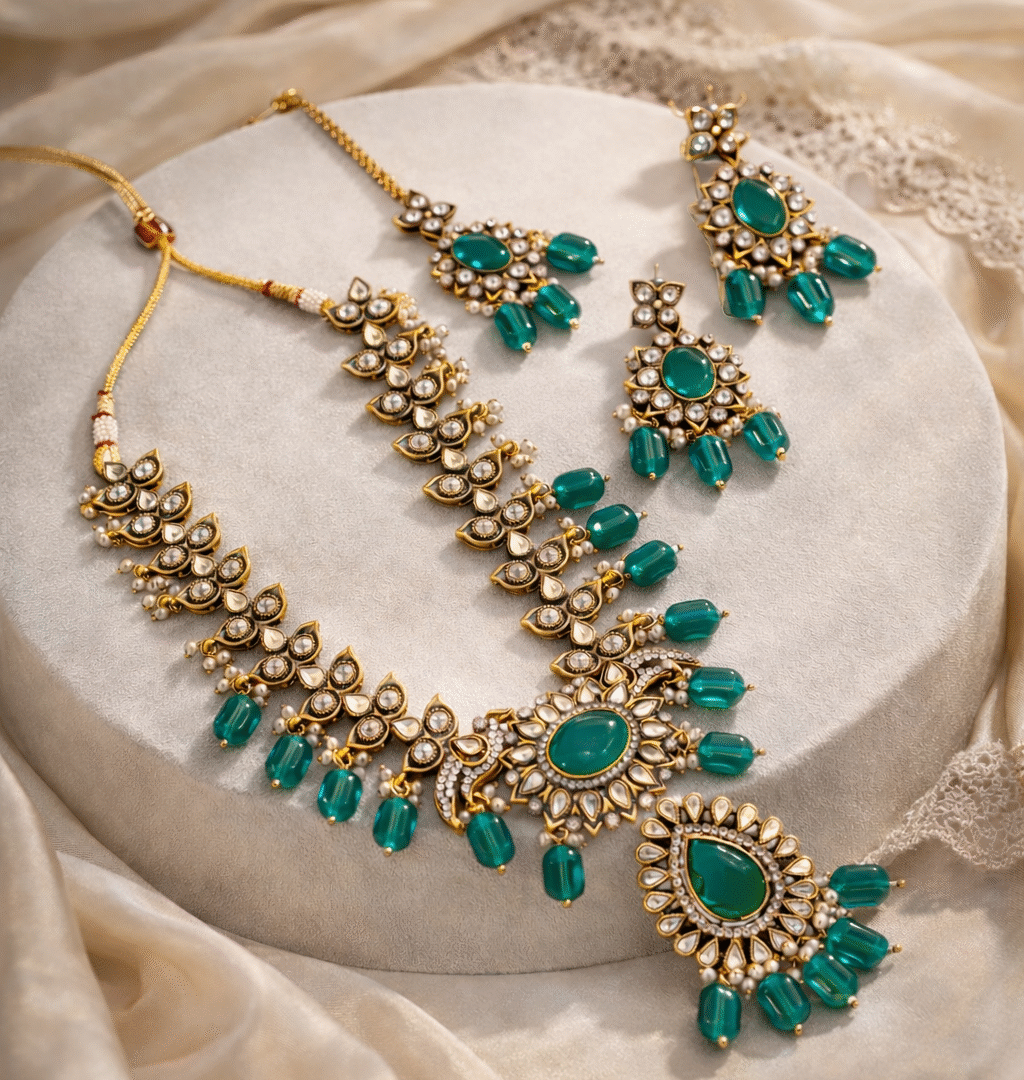 Premium Aqua Blue Stones with Kundan work and Pearl Bead Droplets and Mangtikka