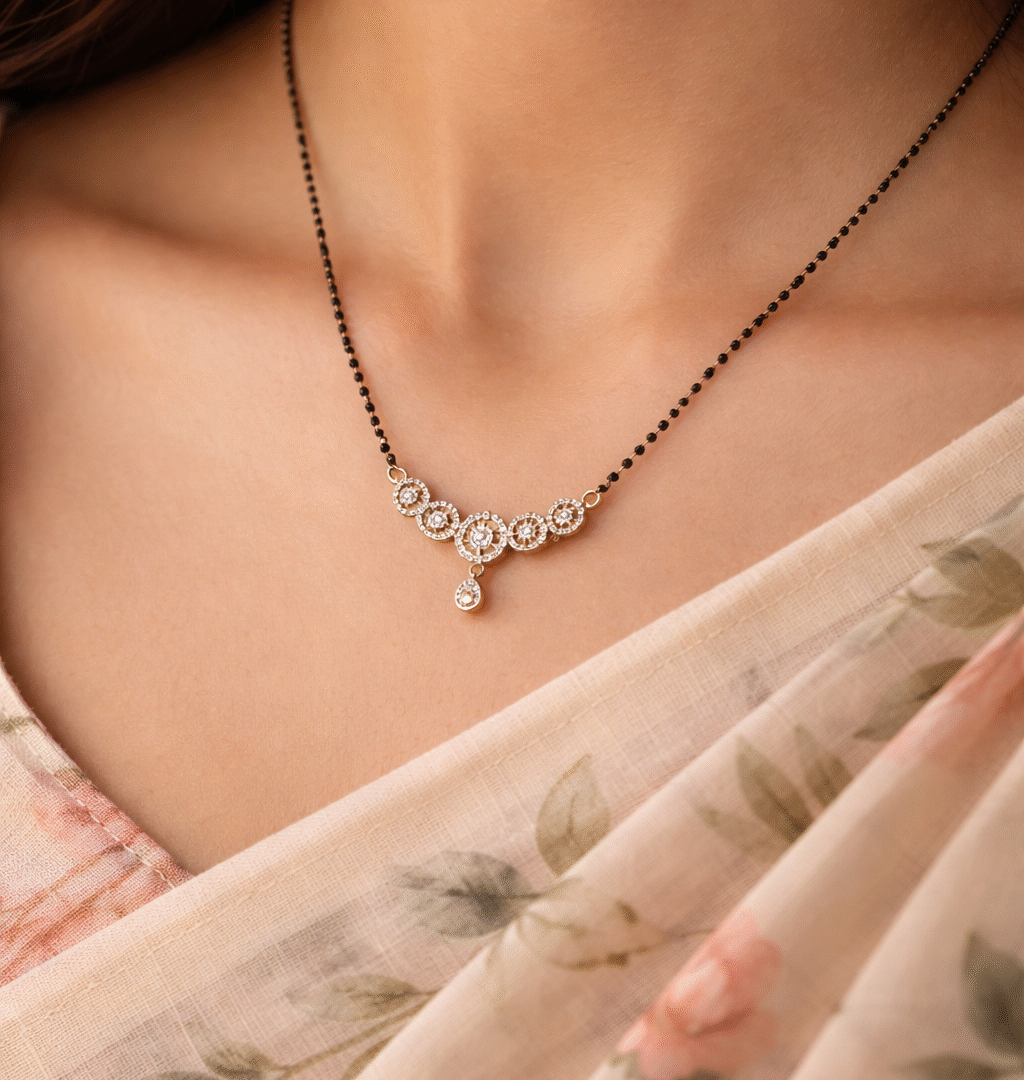 AD Mangalsutra for Women | Black Beads Chain with Rose Gold Pendant