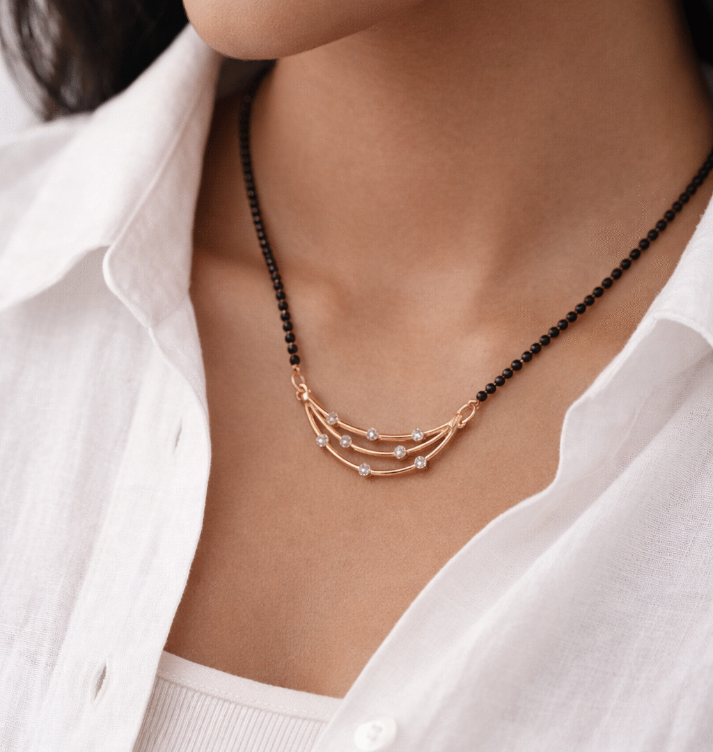 Stylish Rose Gold Plated Mangalsutra with Black Beads Chain