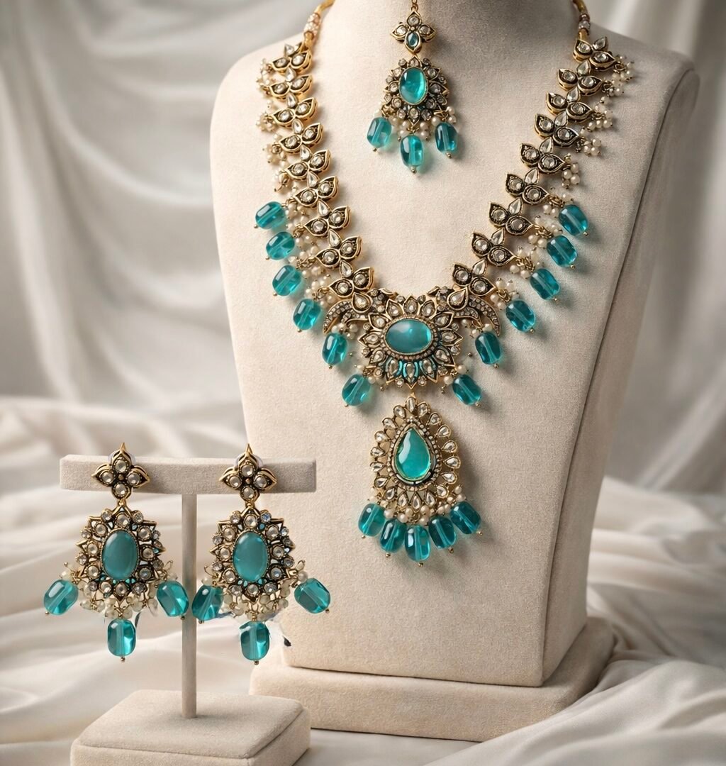 Premium Aqua Blue Stones with Kundan work and Pearl Bead Droplets and Mangtikka