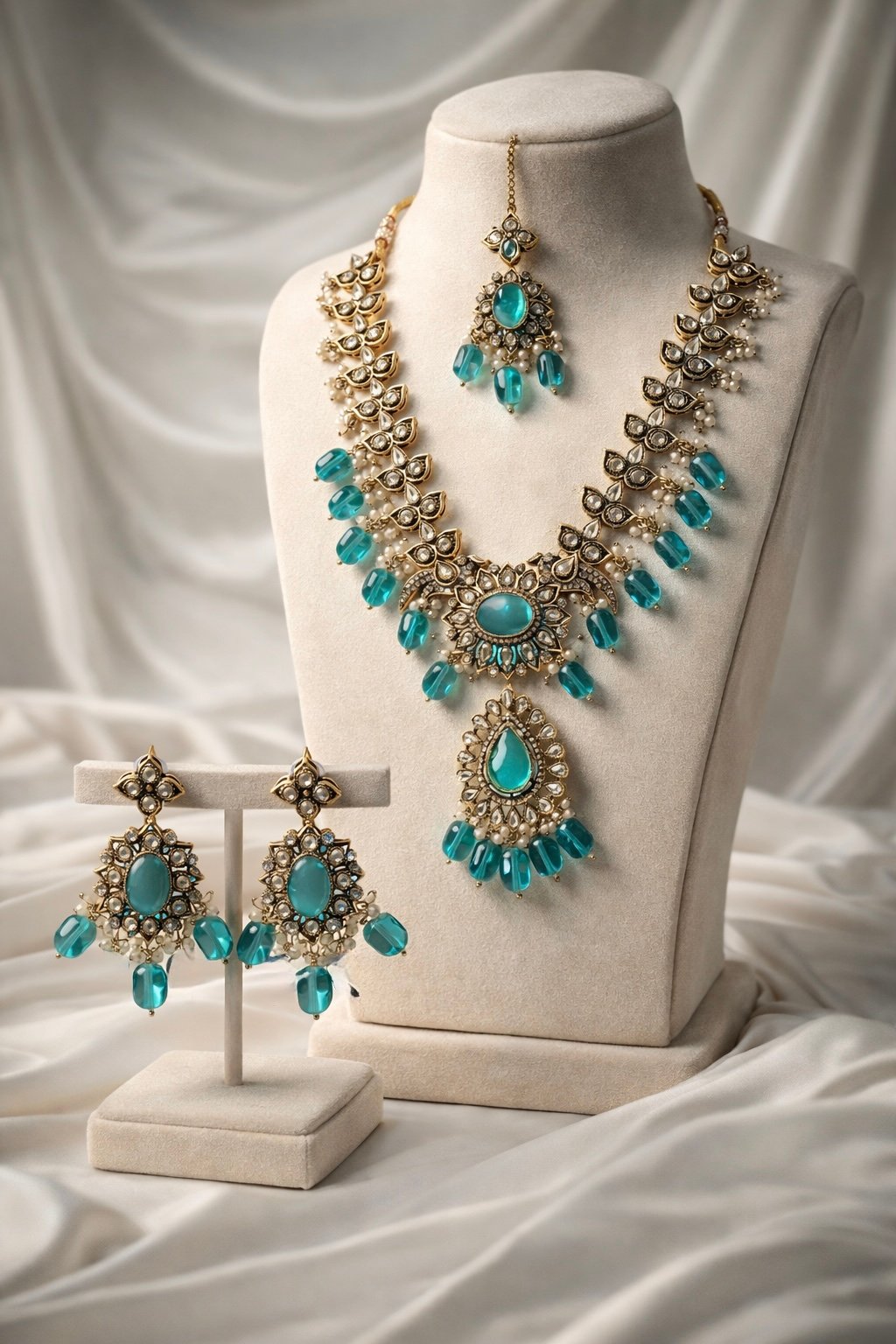 Premium Aqua Blue Stones with Kundan work and Pearl Bead Droplets and Mangtikka