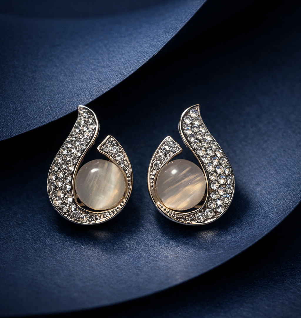 Elegant Silver Plated Crystal Stud Earrings with Moonstone Look for Women