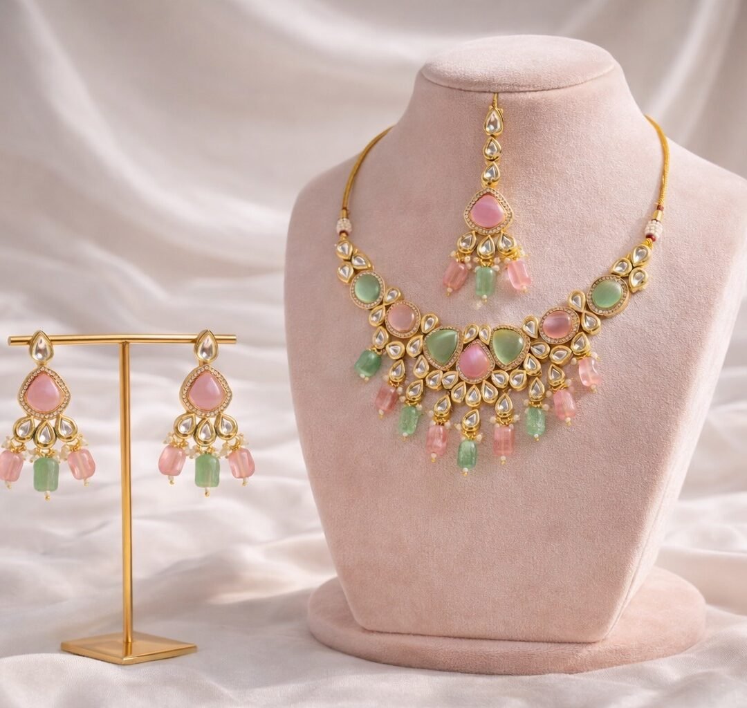 Elegant Kundan Style Pastel Stone Necklace Set with Earrings & Maang Tikka for Women