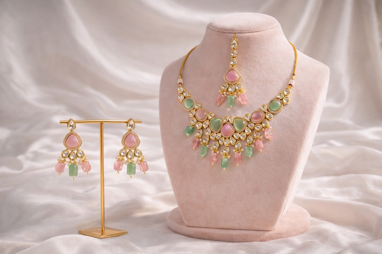 Elegant Kundan Style Pastel Stone Necklace Set with Earrings & Maang Tikka for Women