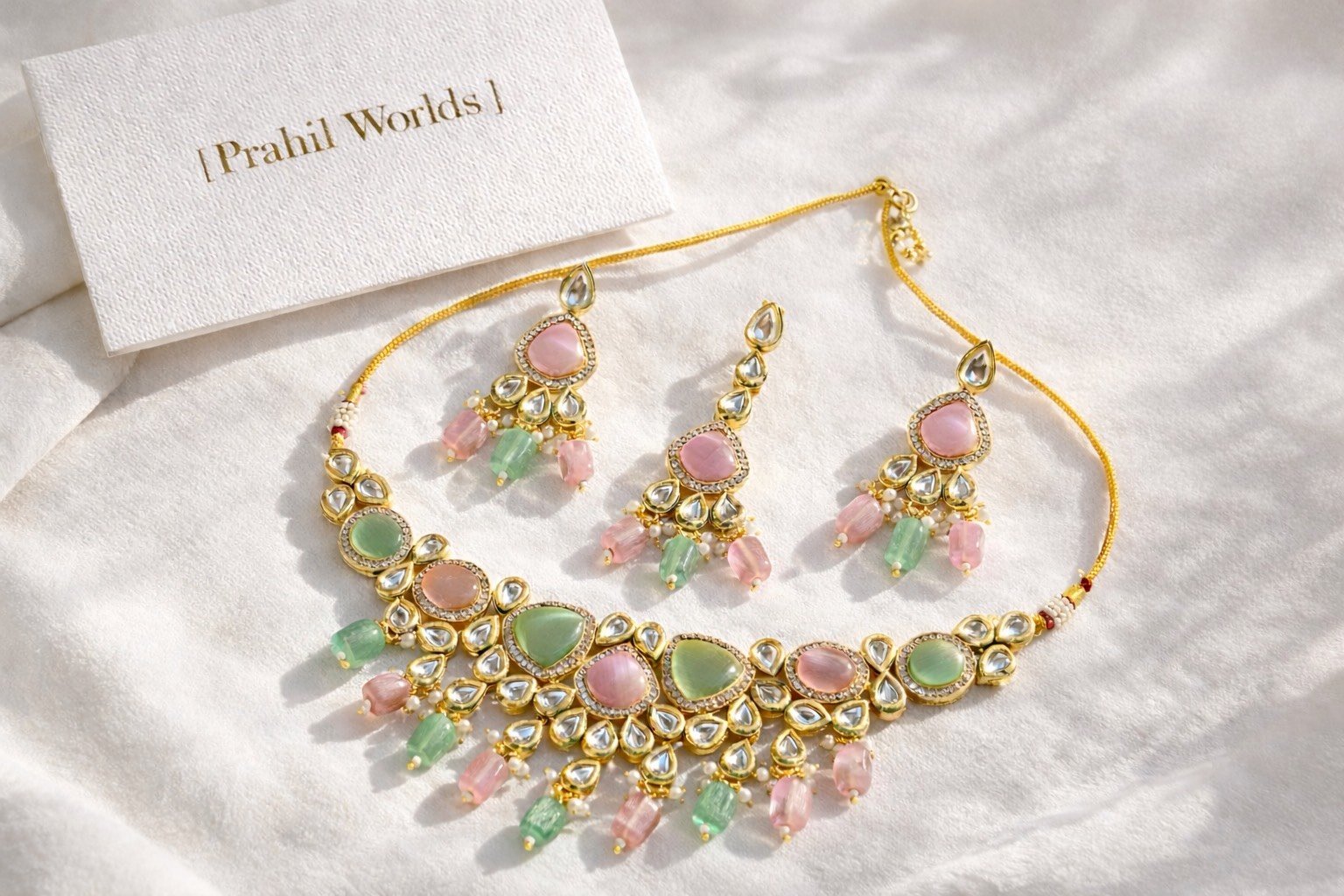 Elegant Kundan Style Pastel Stone Necklace Set with Earrings & Maang Tikka for Women - Image 2