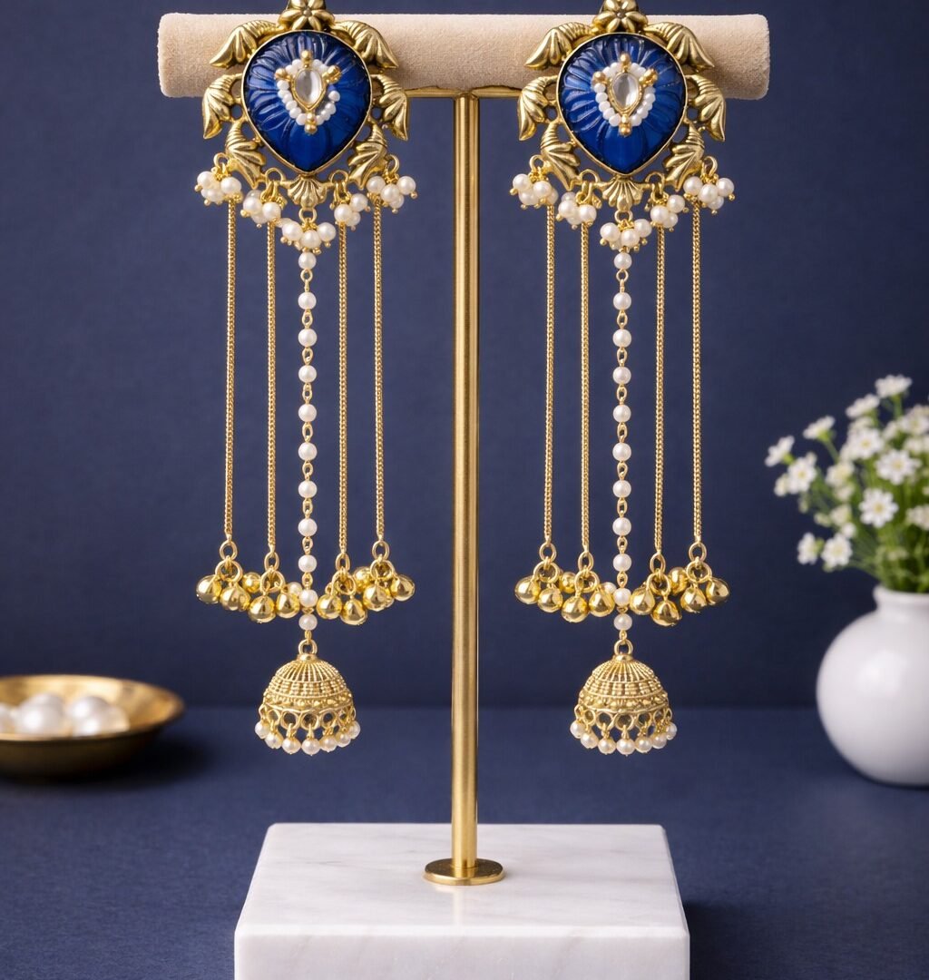 Royal Blue Kashmiri Earrings with Pearl Beads for Women
