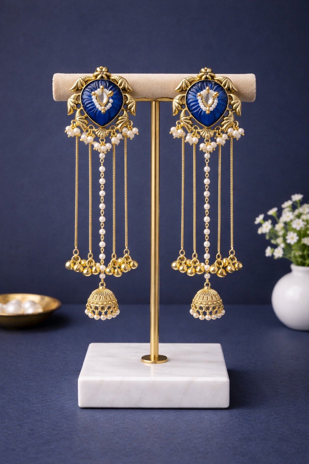 Royal Blue Kashmiri Earrings with Pearl Beads for Women