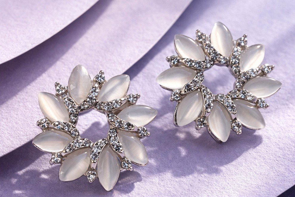 Elegant Crystal Leaf Floral Stud Earrings for Women | Pearl Finish Party Wear Studs