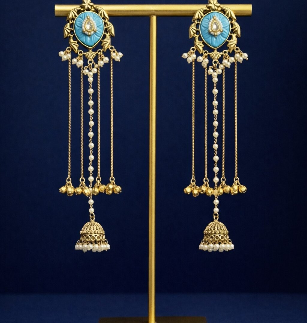 Kashmiri Earrings with Turquoise Stone & Pearl Beads