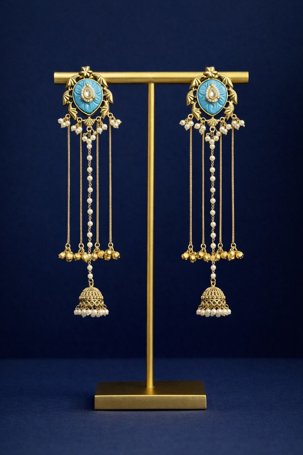 Kashmiri Earrings with Turquoise Stone & Pearl Beads