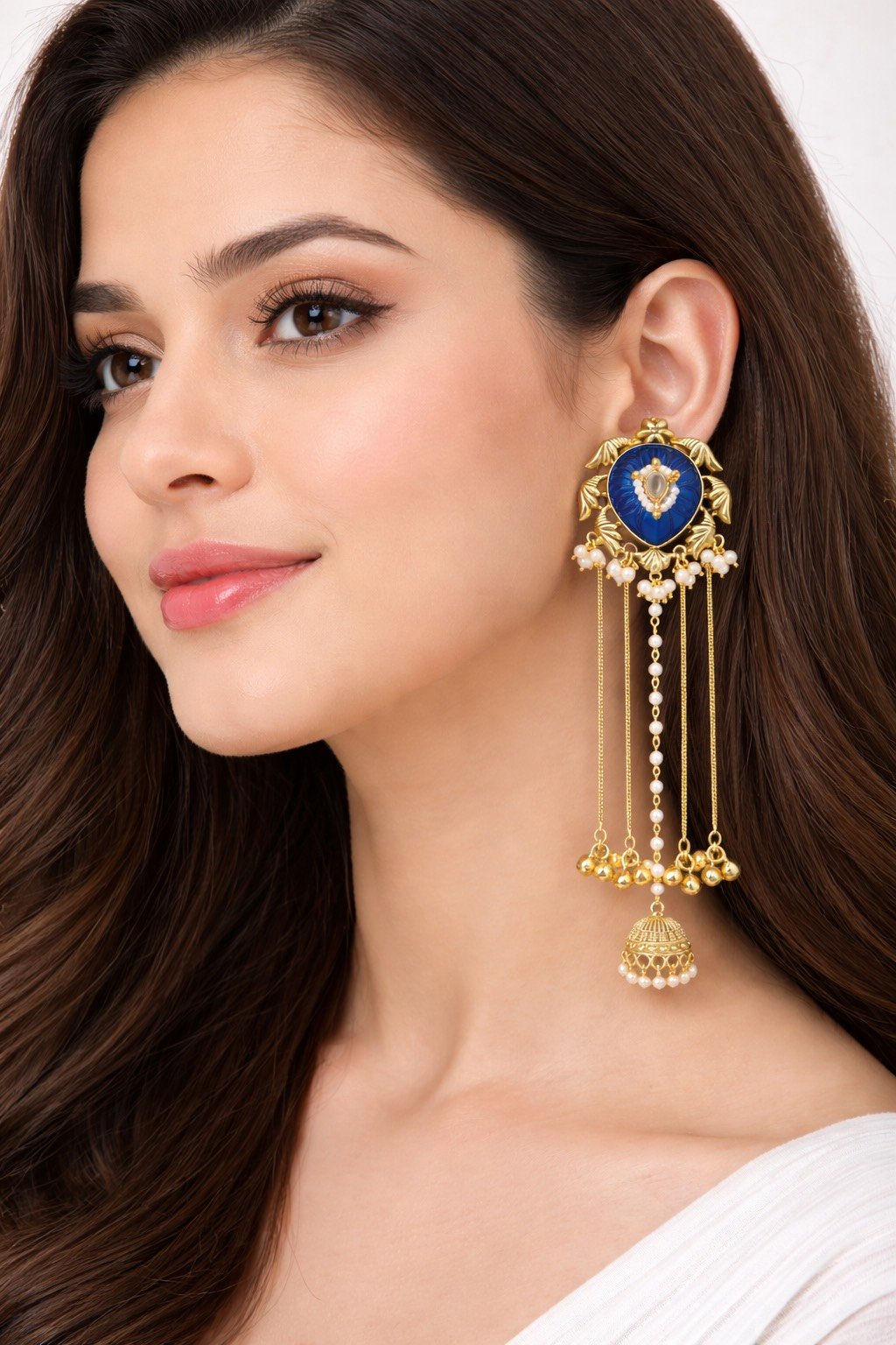 Royal Blue Kashmiri Earrings with Pearl Beads for Women - Image 2