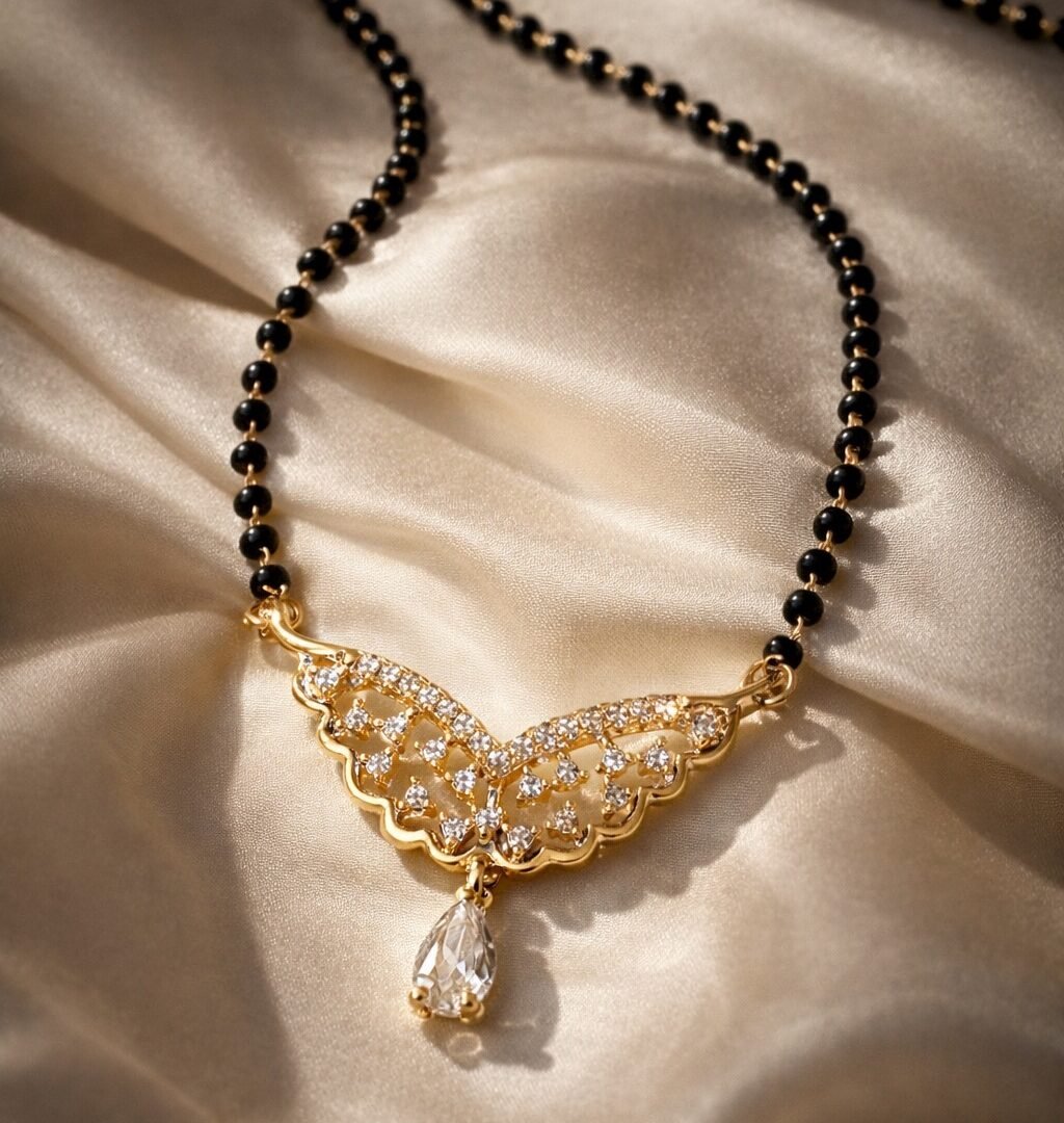 Elegant Butterfly Mangalsutra Necklace with Zircon Drop – Gold Finish