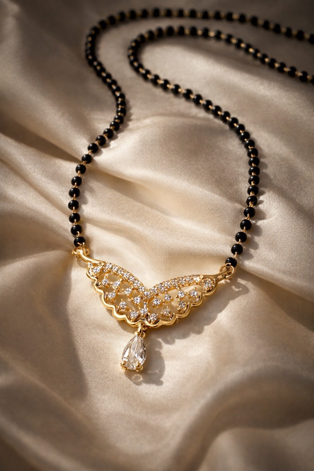 Elegant Butterfly Mangalsutra Necklace with Zircon Drop – Gold Finish