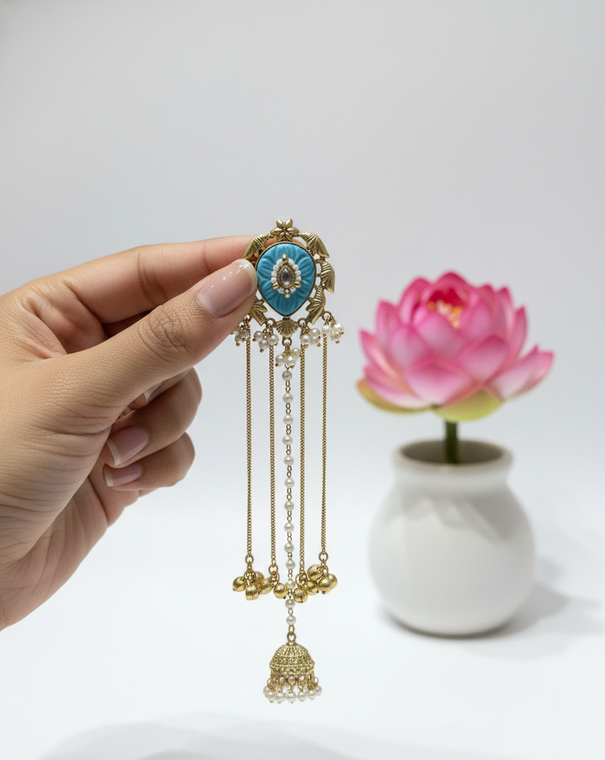 Kashmiri Earrings with Turquoise Stone & Pearl Beads - Image 2