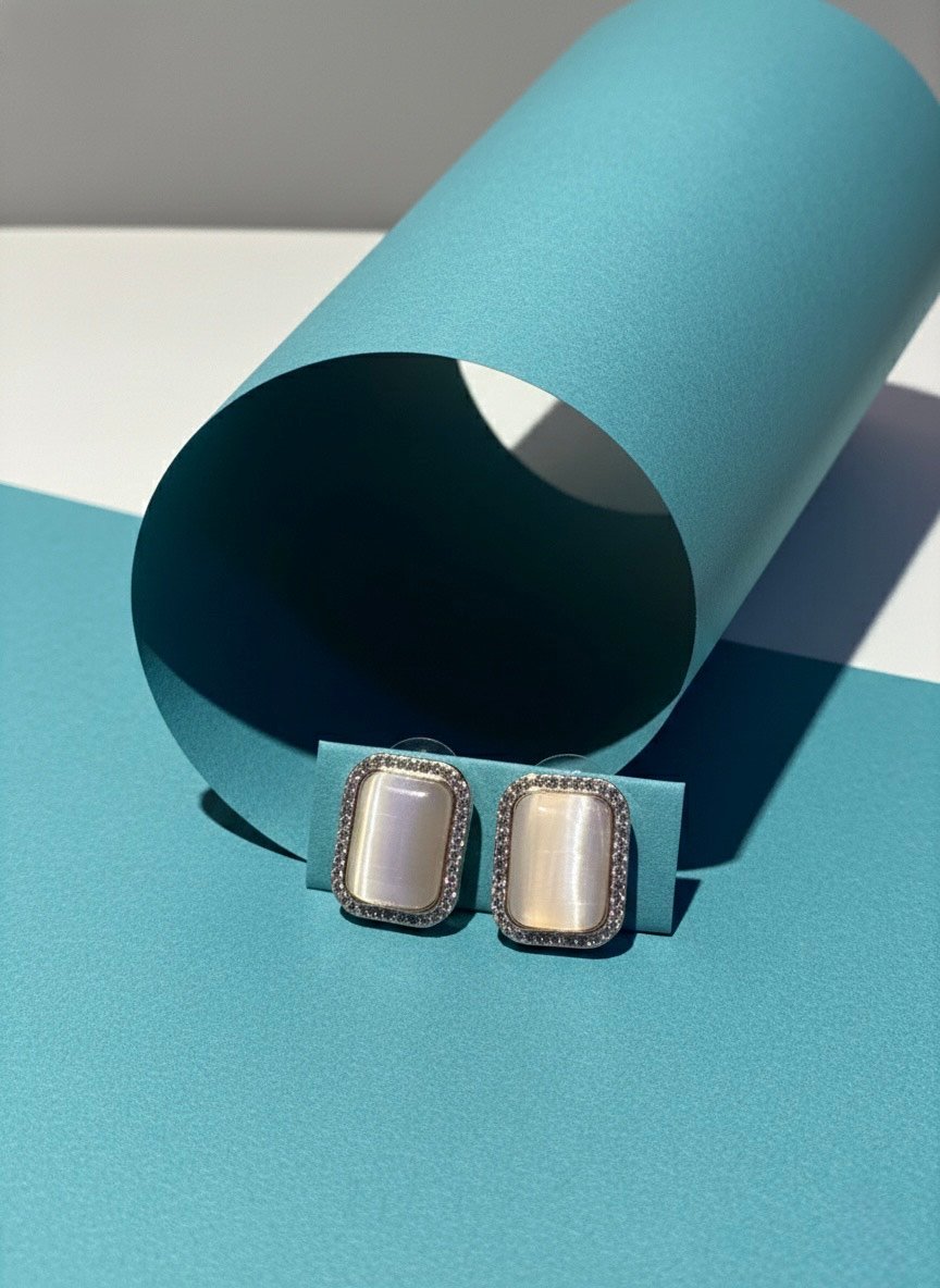 Luxe Rectangular Mother-of-Pearl Stud Earrings with Crystal Halo – Elegant Statement Studs - Image 3