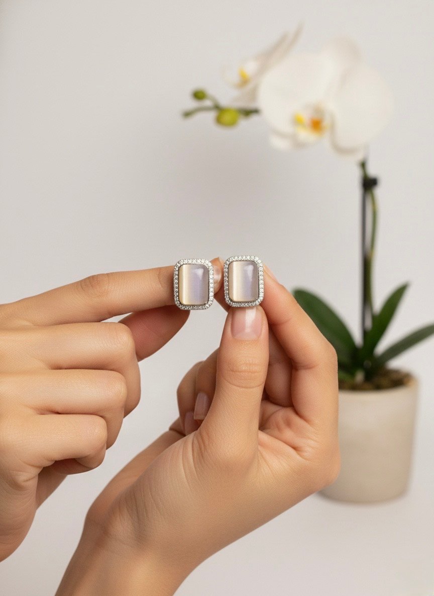 Luxe Rectangular Mother-of-Pearl Stud Earrings with Crystal Halo – Elegant Statement Studs