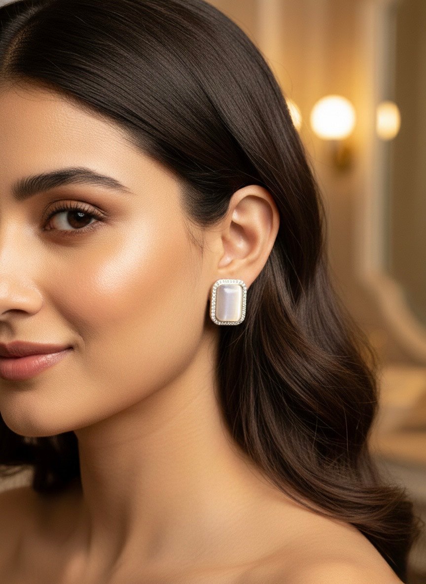 Luxe Rectangular Mother-of-Pearl Stud Earrings with Crystal Halo – Elegant Statement Studs - Image 2