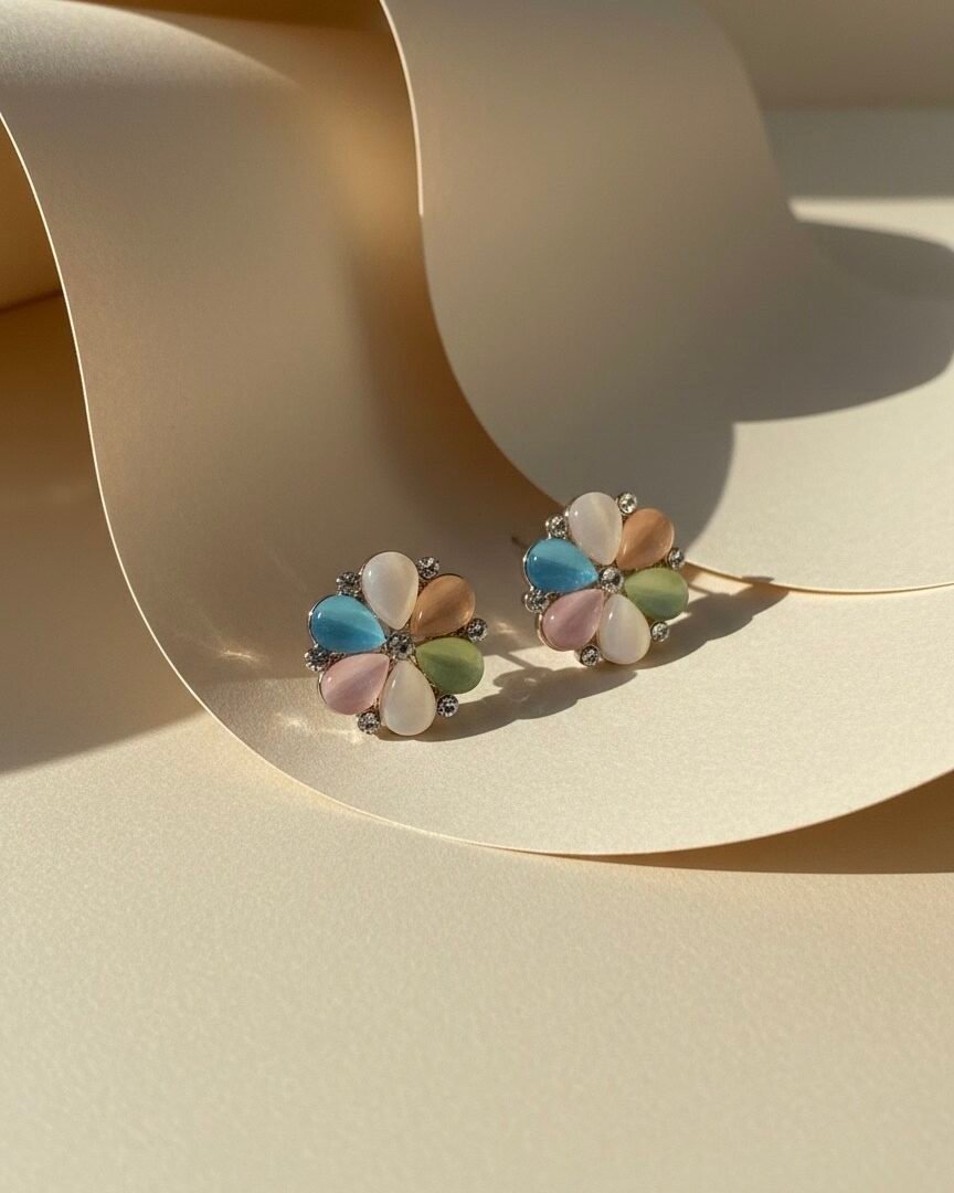 Pastel Bloom Floral Stud Earrings – Multicolor Petal Crystal Statement Studs