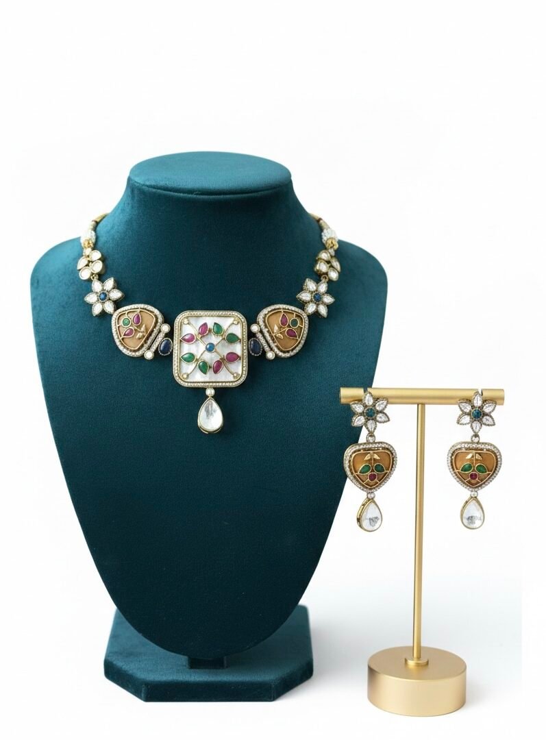 Traditional Minakari Multicolor Stone Necklace Set with Drop Earrings for Women & Girls