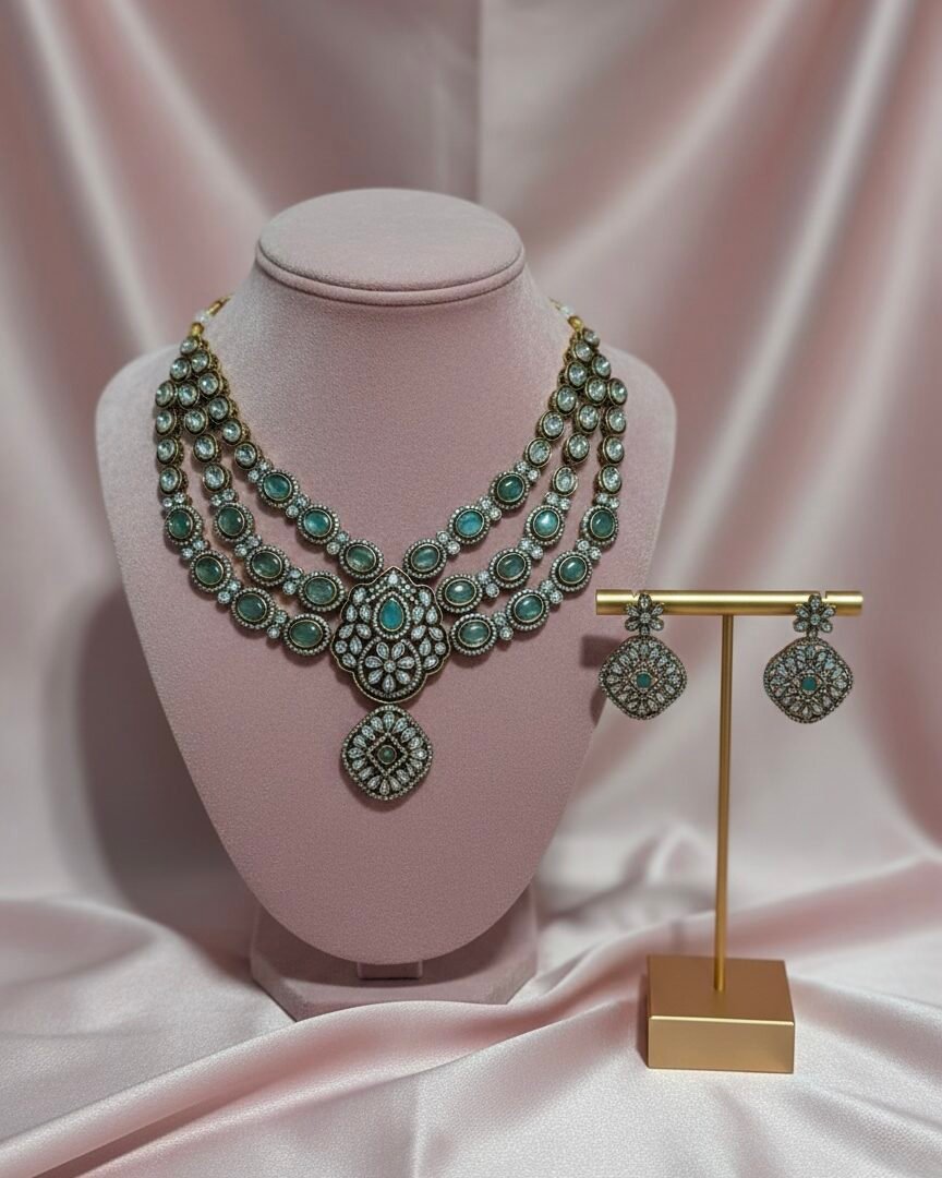 Designer Multi-Layer Green Stone & AD Necklace Set with Earrings for Women | Bridal & Party Wear Statement Jewelry