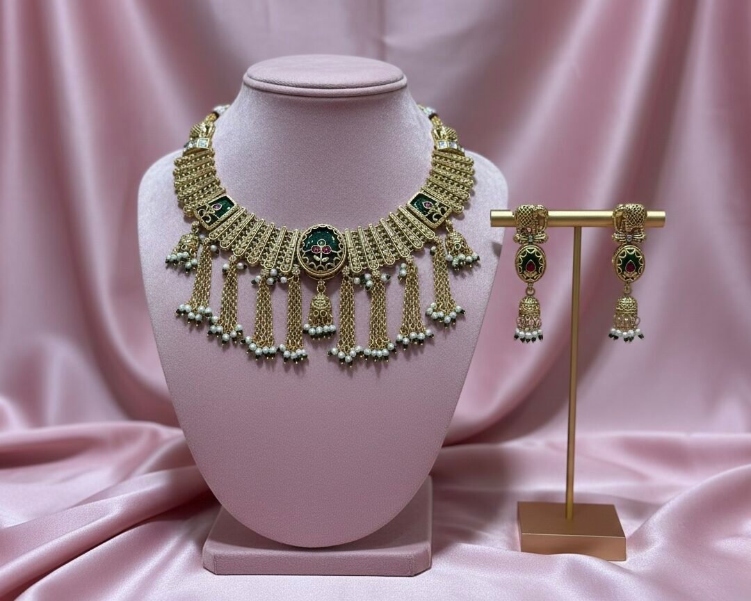 Royal Gold Plated Kundan Green Stone Choker Necklace Set with Long Earrings for Women | Bridal & Wedding Jewelry