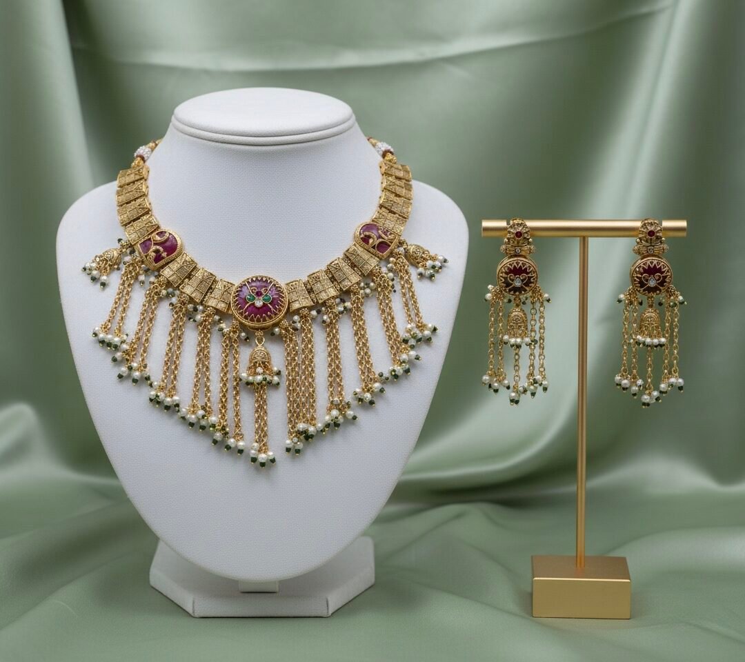 Royal Gold Plated Kundan Meenakari Choker Necklace Set with Pearl Tassels & Long Earrings for Women | Bridal Wedding Jewelry