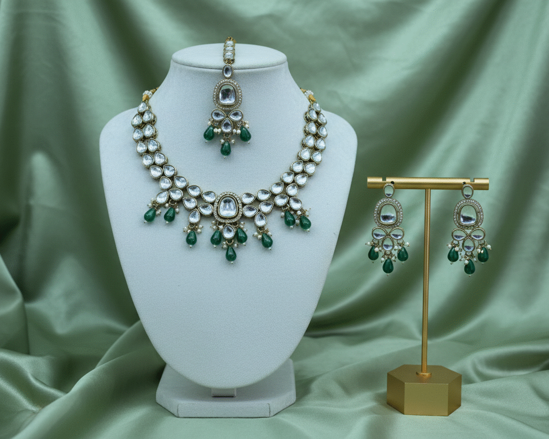 Royal Emerald & Kundan Bridal Jewelry Set with Necklace, Earrings & Maang Tikka