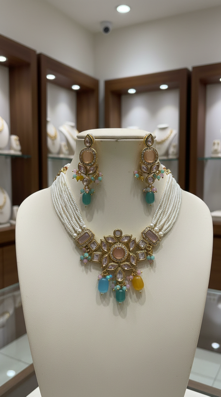 Pastel Stone & Pearl Multi-Strand Kundan Necklace Set with Statement Earrings