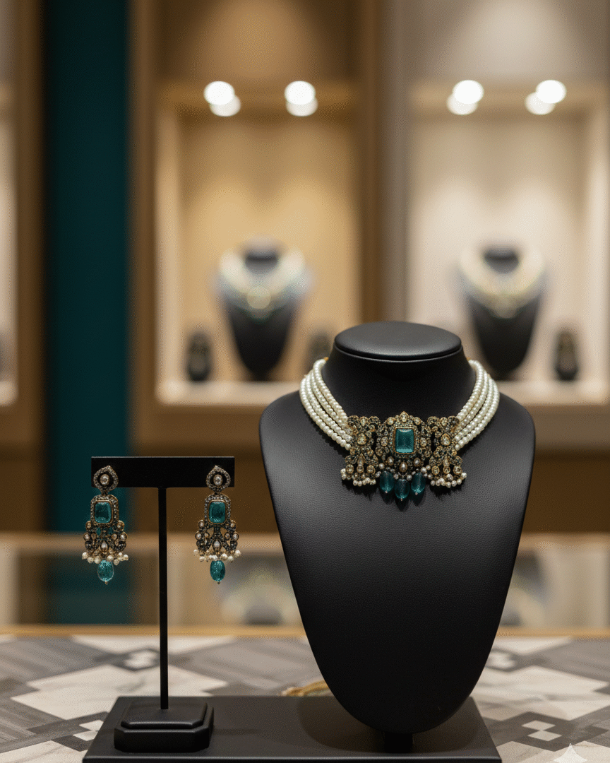 Antique Gold Plated Pearl Choker Necklace Set with Green Stone Pendant & Matching Earrings for Women