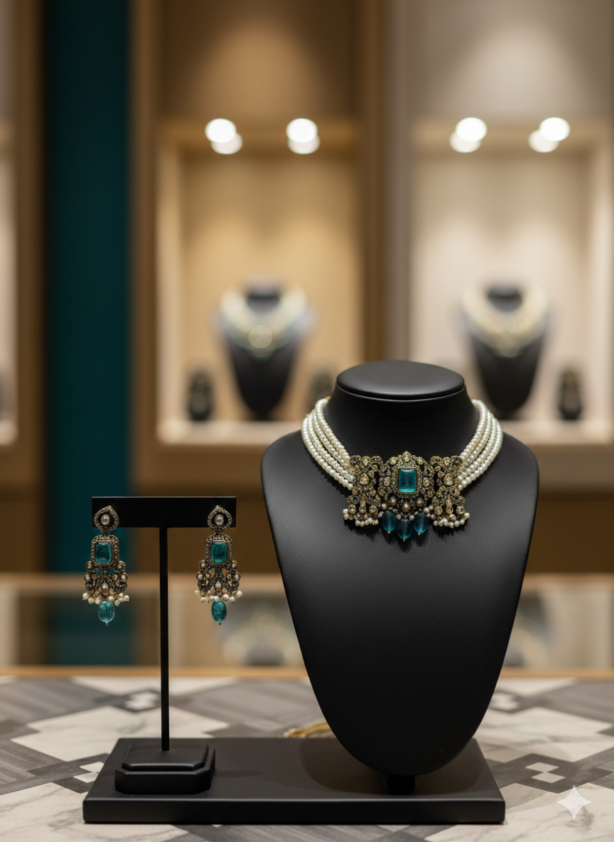 Antique Gold Plated Pearl Choker Necklace Set with Green Stone Pendant & Matching Earrings for Women