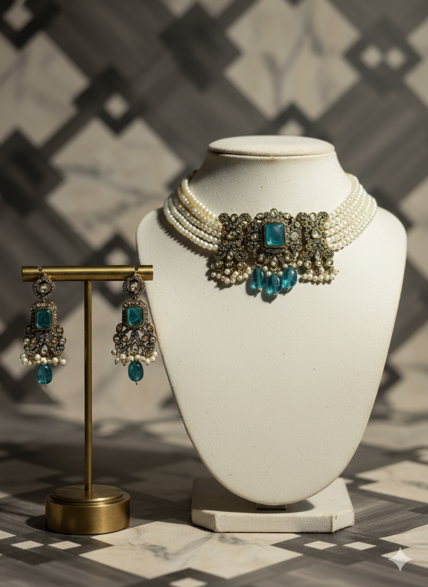 Antique Gold Plated Pearl Choker Necklace Set with Green Stone Pendant & Matching Earrings for Women - Image 3