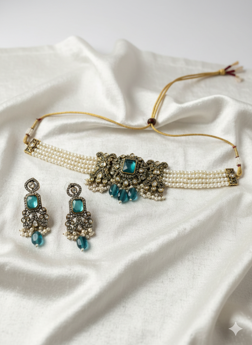 Antique Gold Plated Pearl Choker Necklace Set with Green Stone Pendant & Matching Earrings for Women - Image 2